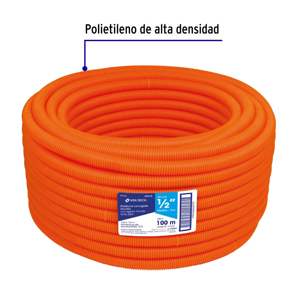 Metro de poliducto 1/2" corrugado flex. s/guía, rollo 100 m