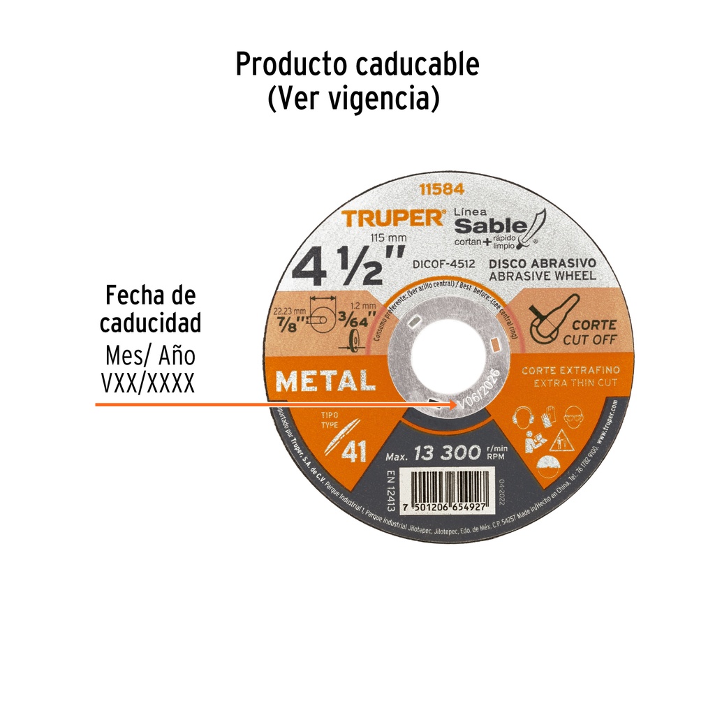 Disco Tipo 41 de 4-1/2" x 1.2 mm corte fino de metal, Sable