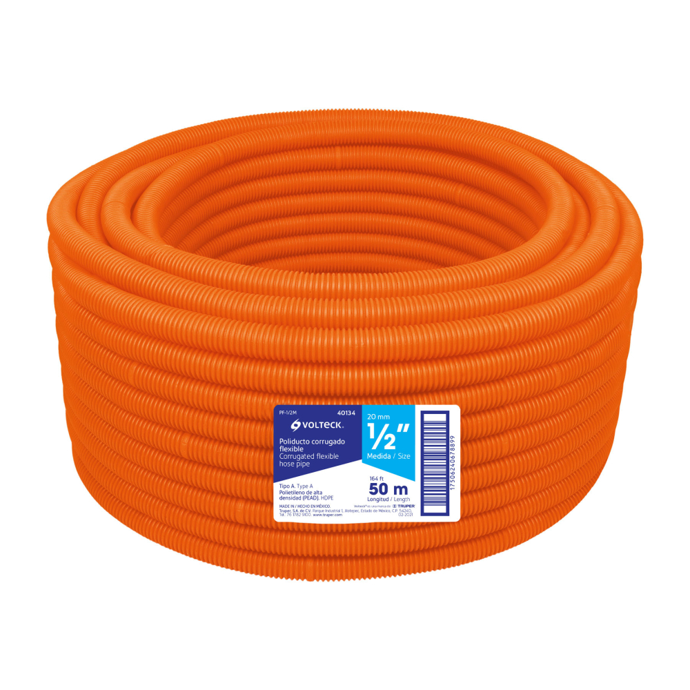 Metro de poliducto 1/2" corrugado flex. s/guía, rollo 50 m, Volteck