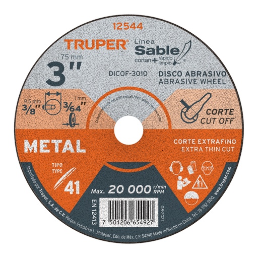 [DICOF-3010] Disco Tipo 41 de 3" x 1 mm corte fino de metal, Sable, Truper
