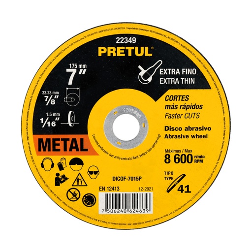 [DICOF-7015P] Disco de corte fino de metal Tipo 41 de 7" x 1.5 mm, Pretul