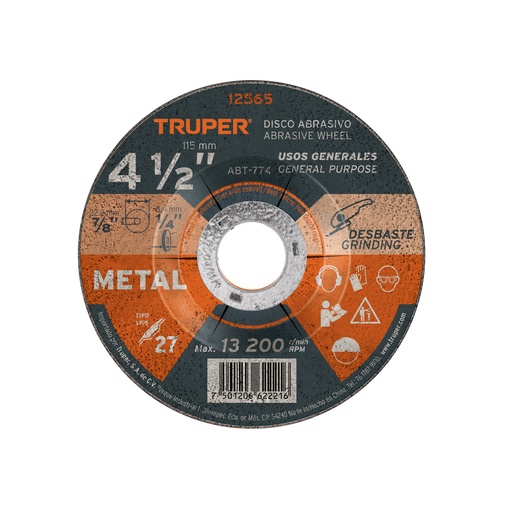 [ABT-774] Disco abrasivo para desbaste de metalTipo 27 de 4-1/2" x 6.4 mm, Truper