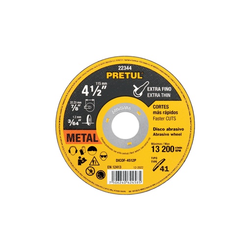 [DICOF-4512P] Disco de corte fino para metal Tipo 41 de 4-1/2" x 1.2 mm, Pretul