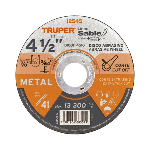 [DICOF-4510] Disco corte fino de metal Tipo 41 de 4-1/2" x 1 mm, Sable, Truper