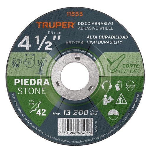 [ABT-754] Disco abrasivo para corte de piedra, alta durabilidad de 4-1/2" x 3.2 mm, Truper