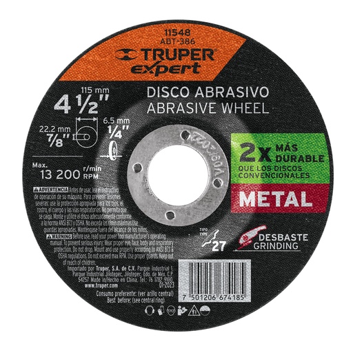 [11548] Disco Tipo 27 de 4-1/2" x 6.4 mm desbaste de metal, Truper Expert